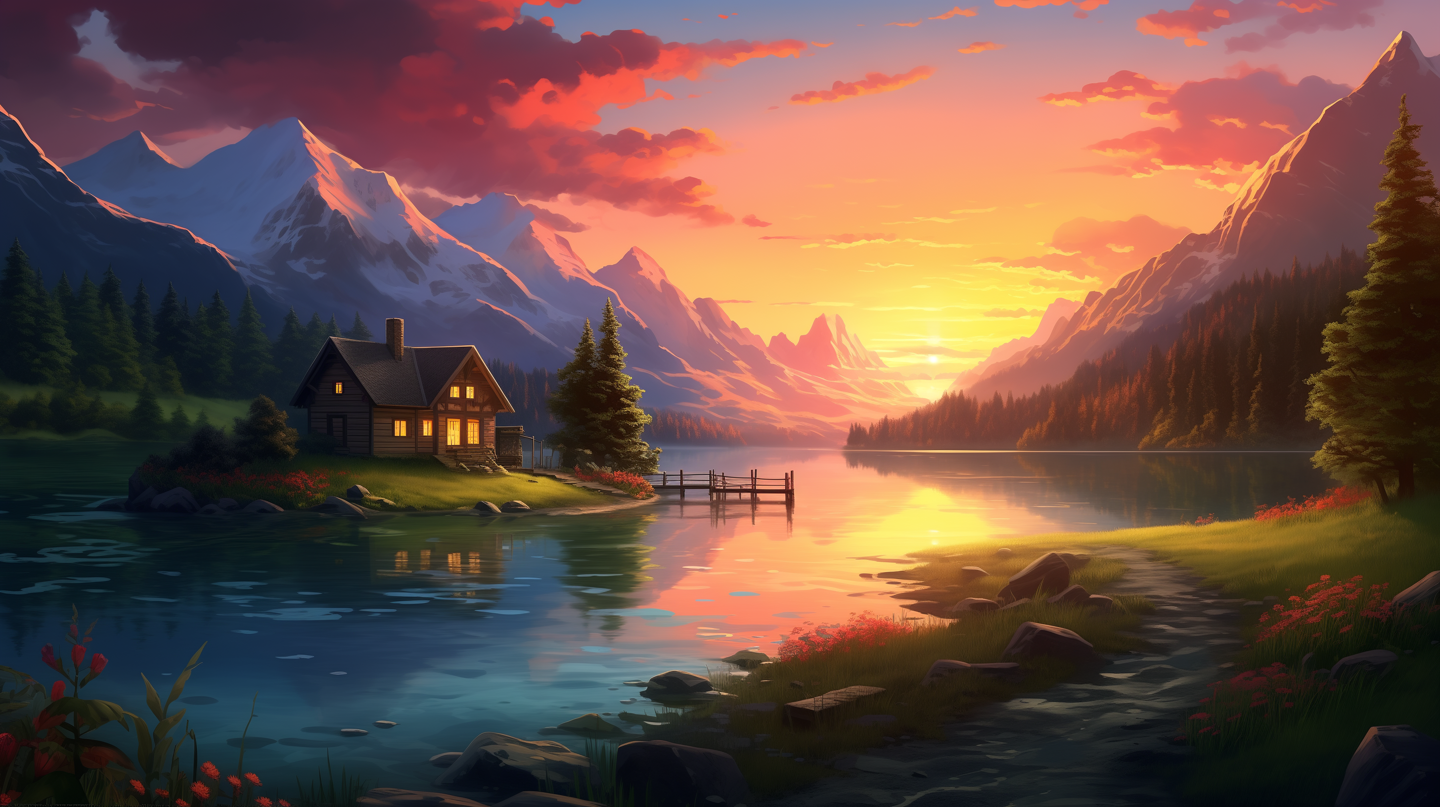 Illustration of cottage on lake during sunset